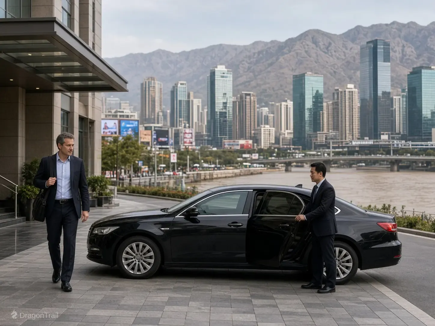 A Chinese driver holds the rear door of a black executive sedan as a business traveler with a laptop bag leaves a building canopy with the Yellow River and Lanzhou CBD glass-tower skyline behind