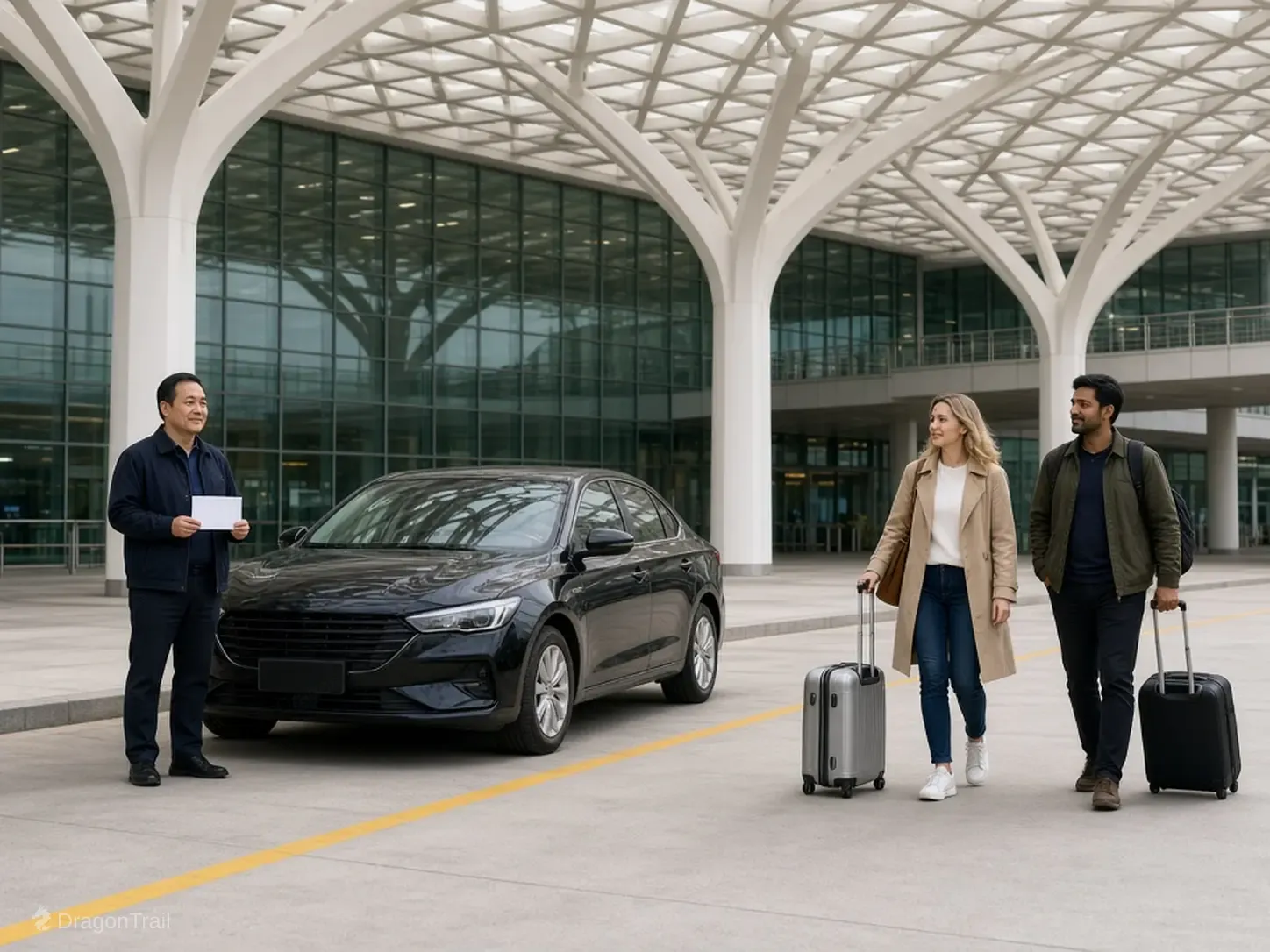 A Chinese driver with a name card stands by a black sedan while two international travelers with roller cases approach a landside curb under the white branching canopy of Lanzhou Zhongchuan International Airport