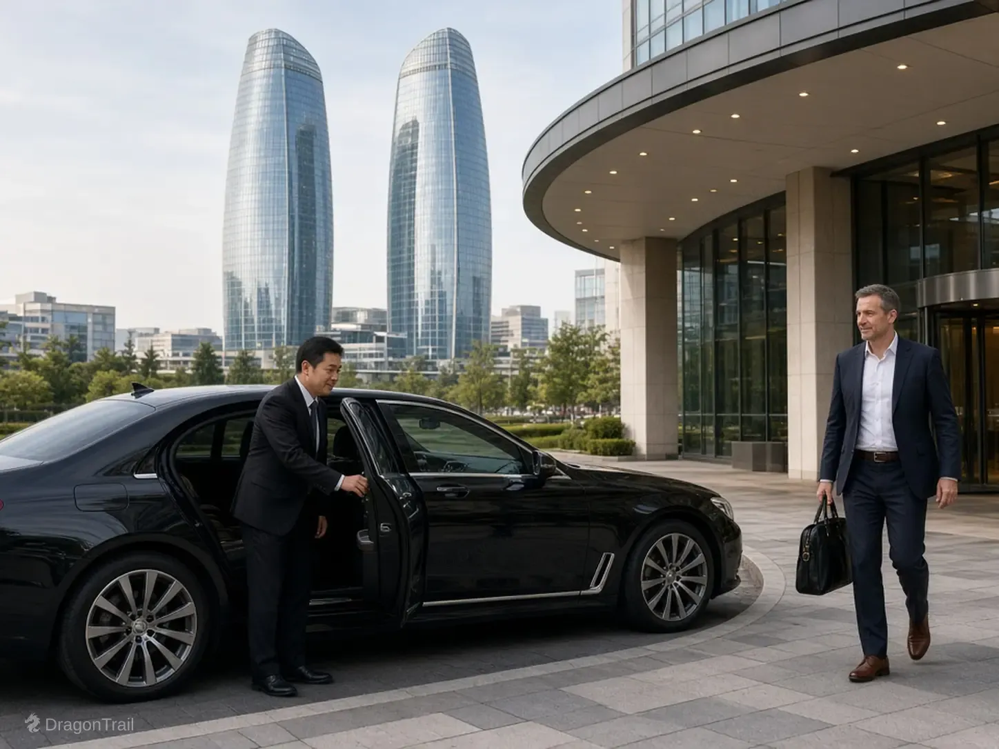 A Chinese driver holds the rear door of a black executive sedan as a business traveler with a laptop bag leaves a building canopy with the Honggutan Greenland Central Plaza twin towers behind