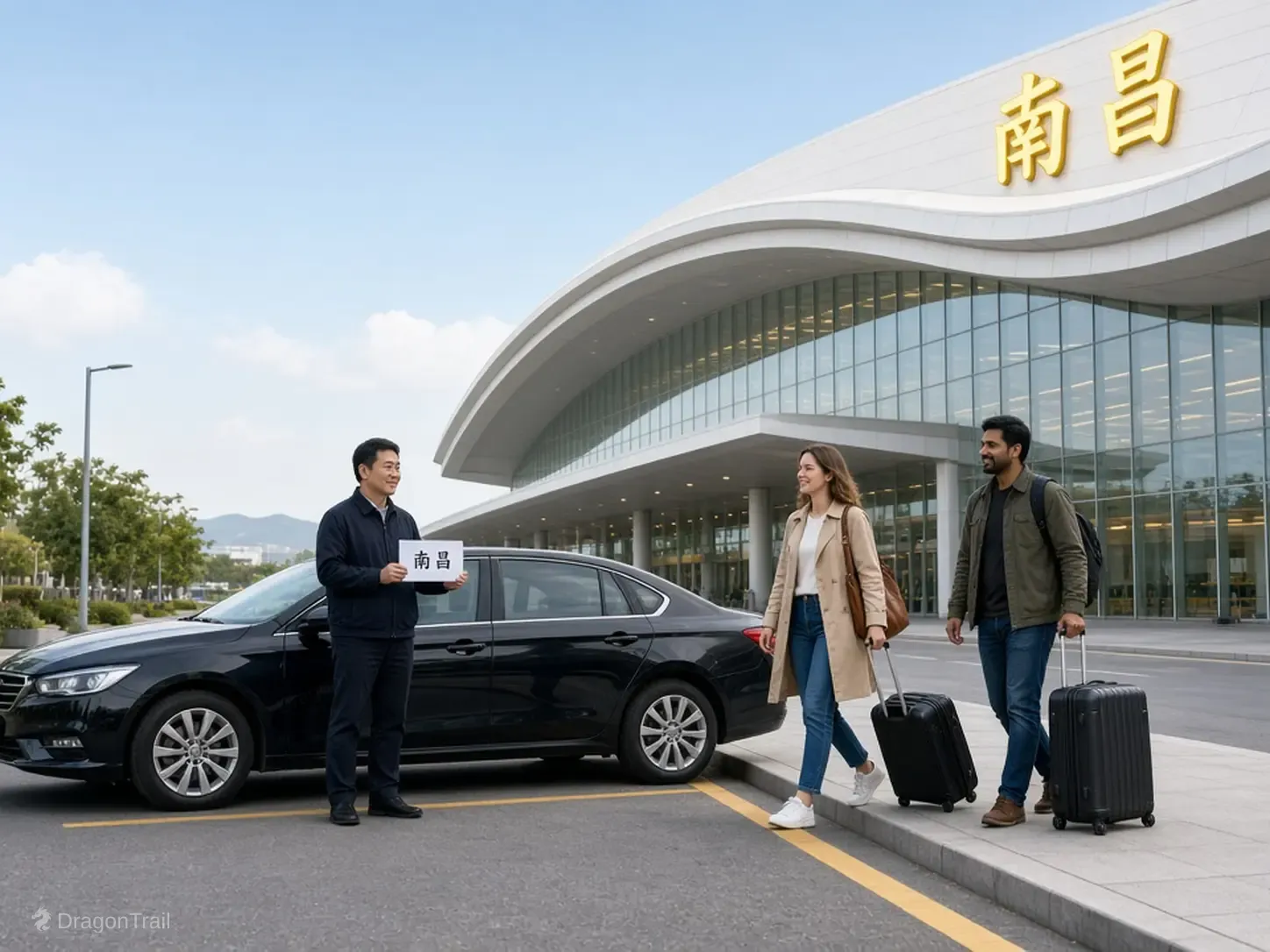 A Chinese driver with a name card stands by a black sedan while two international travelers with roller cases approach the landside curb under the sweeping curved roof at Nanchang Changbei International Airport Terminal 2