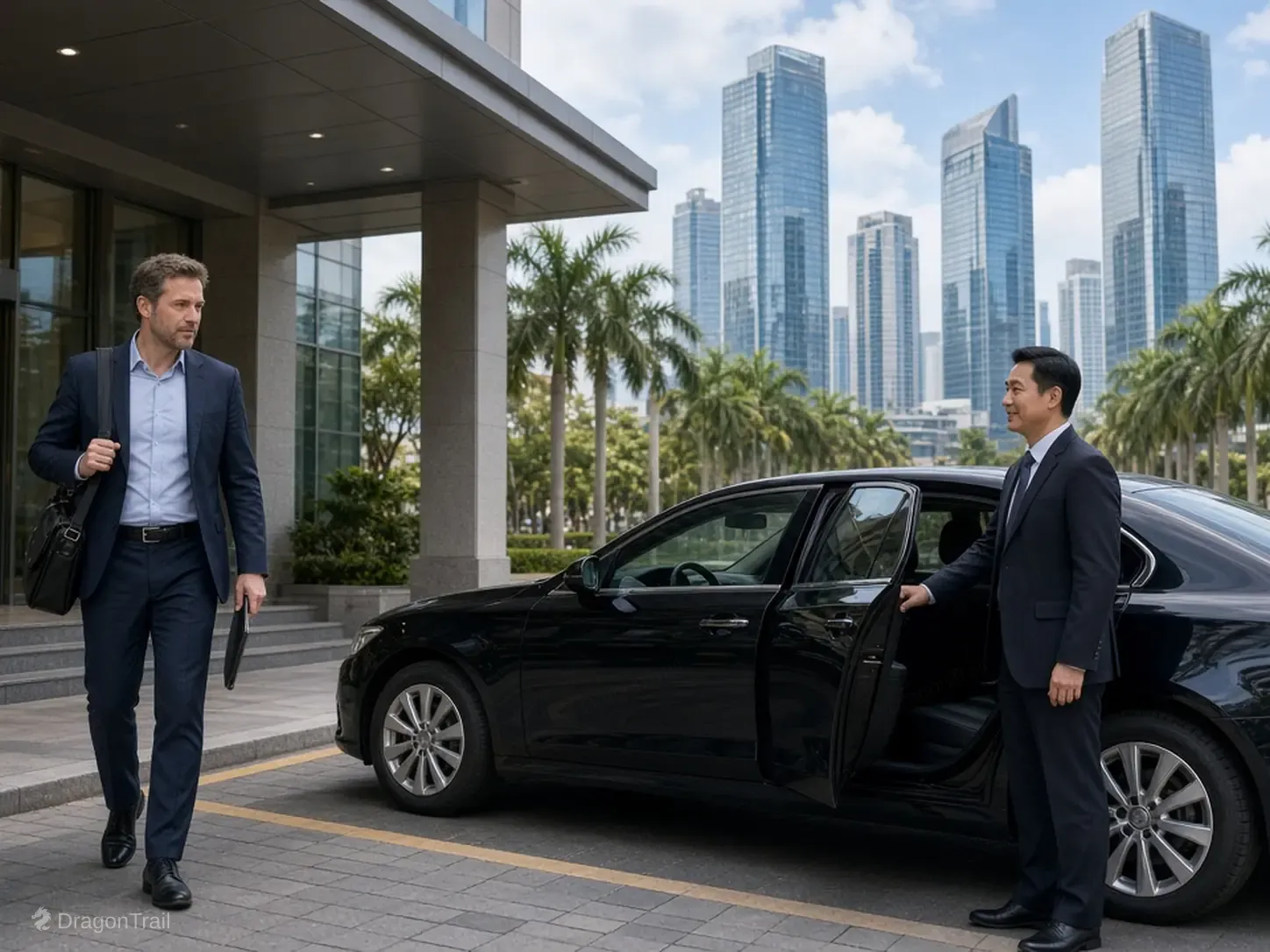 A Chinese driver holds the rear door of a black executive sedan as a business traveler with a laptop bag leaves a building canopy with the Dongmeng glass-tower skyline and palm trees behind