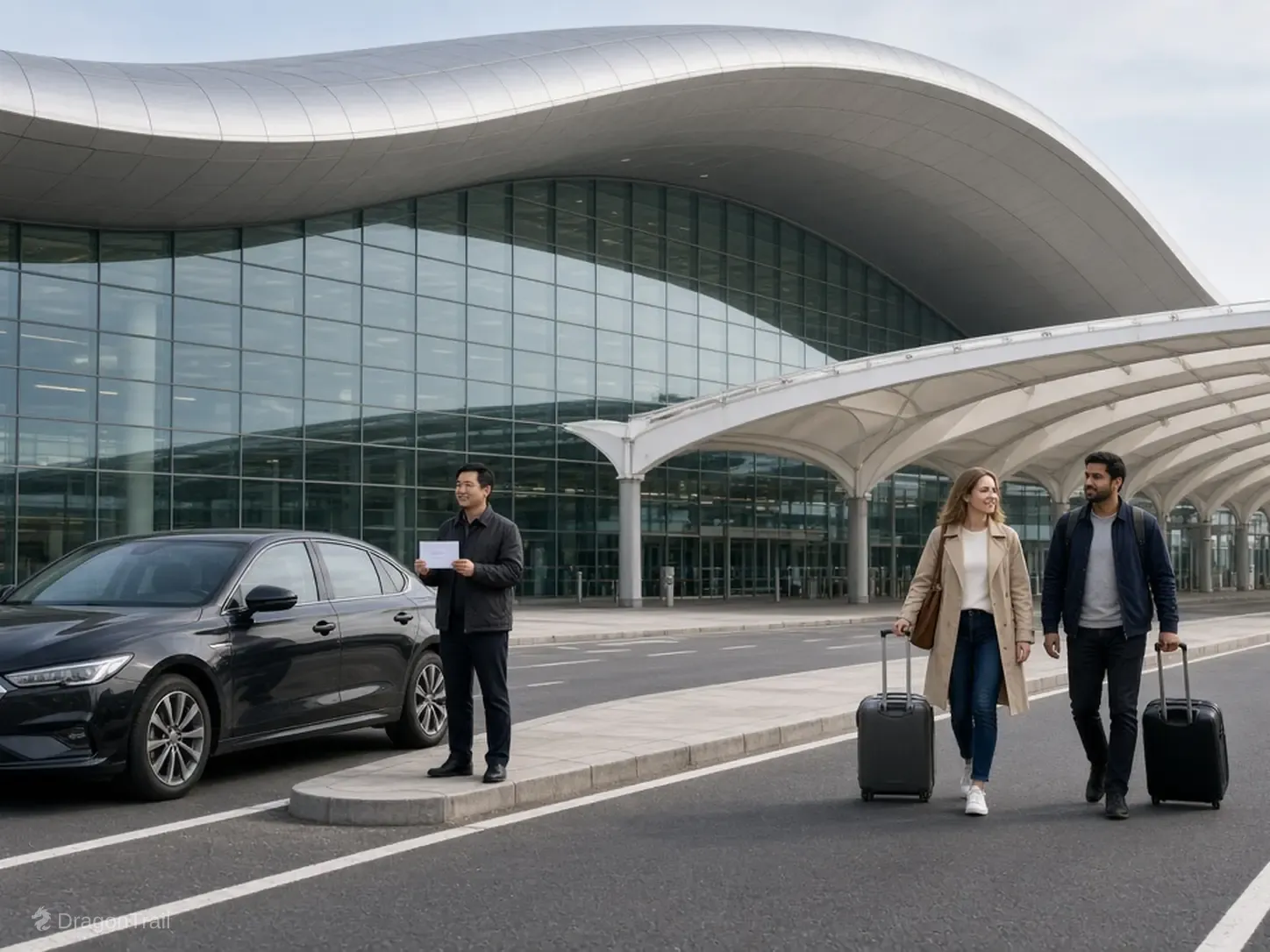 A Chinese driver with a name card stands by a black sedan while two international travelers with roller cases approach the landside curb under the white canopy at Nanning Wuxu International Airport Terminal 2