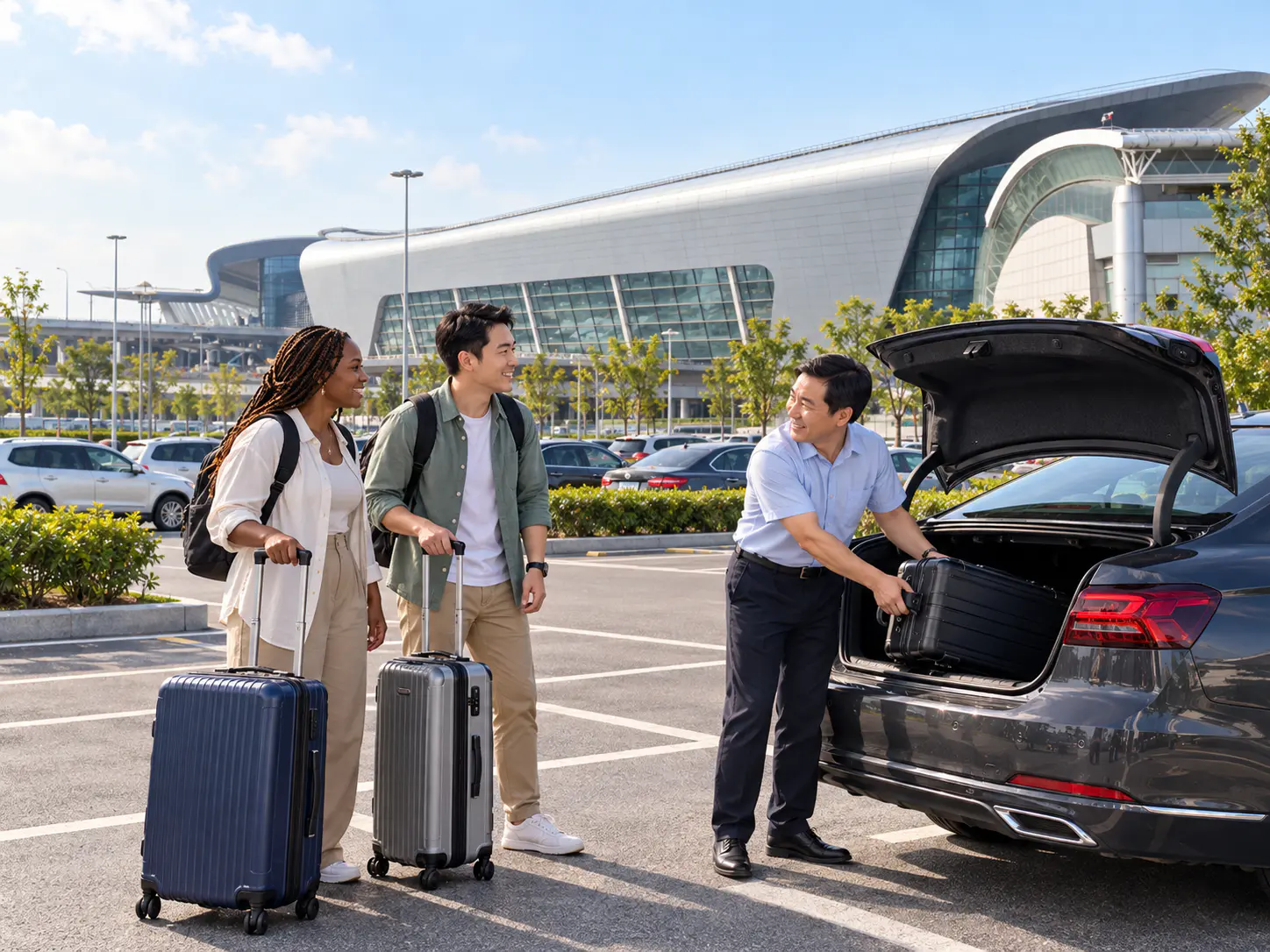 Chinese driver loading a sedan while two travelers wait with luggage, with Ningbo Lishe Airport terminal architecture behind them