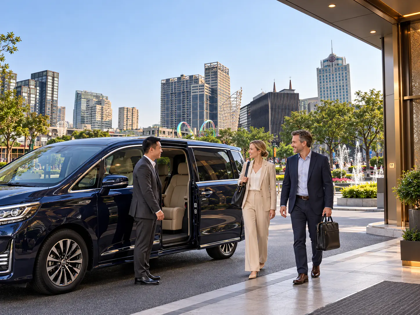 Chinese driver welcoming two business travelers beside a navy MPV, with Ningbo city buildings in the background