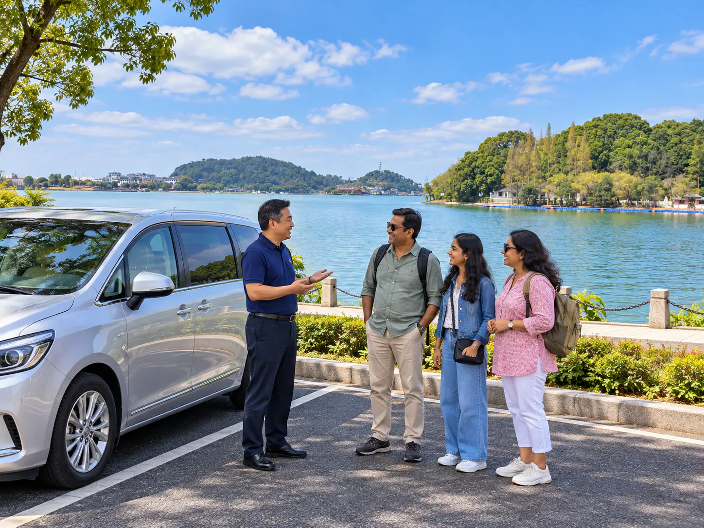 Chinese driver speaking with a family beside a silver MPV, with Dongqian Lake and wooded hills behind them