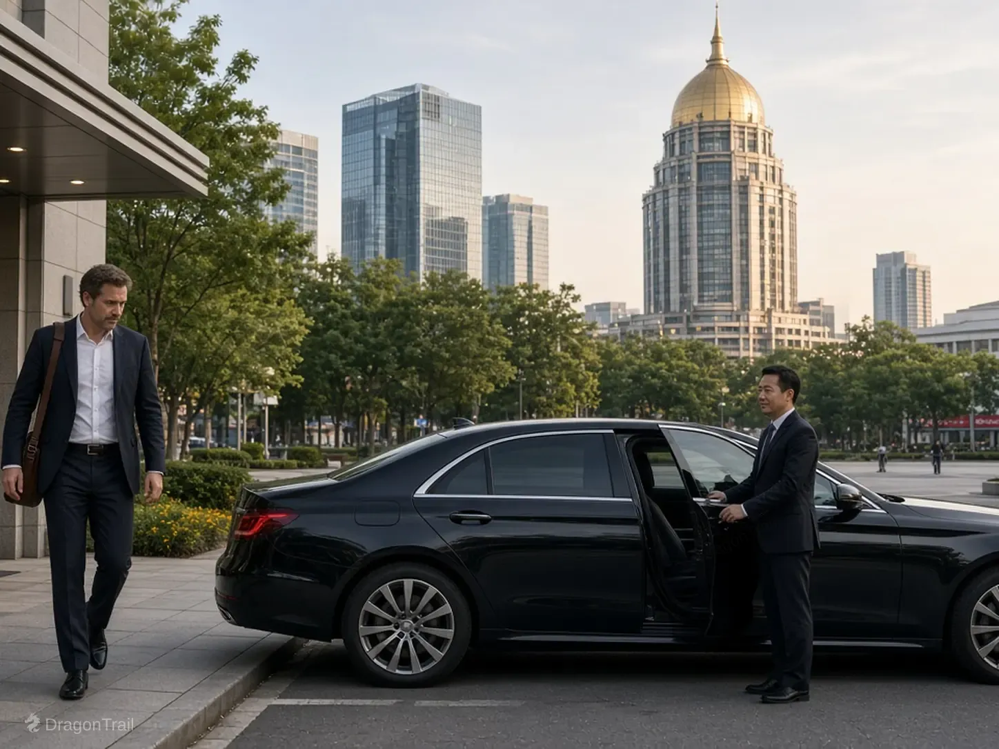 A Chinese driver holds the rear door of a black executive sedan as a business traveler with a laptop bag leaves a building canopy near May Fourth Square in Qingdao’s CBD