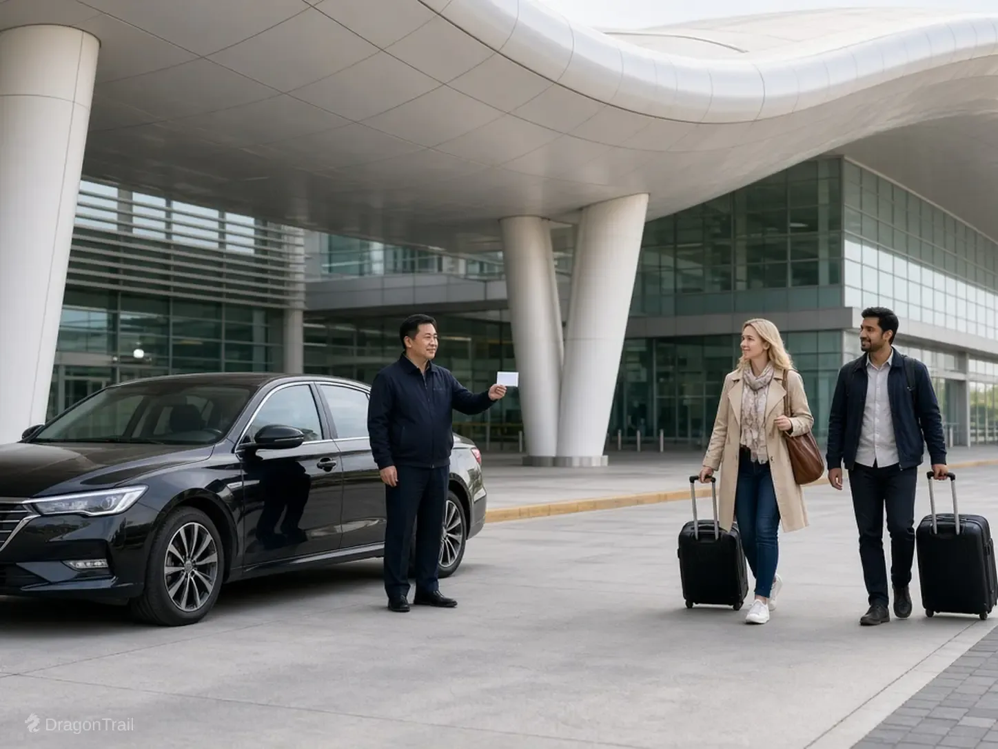 A Chinese driver with a name card stands by a black sedan while two international travelers with roller cases approach the landside curb under the canopy at Qingdao Jiaodong International Airport