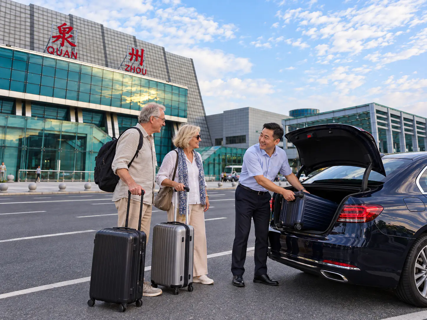 Chinese driver loading luggage into a dark sedan beside two travelers, with Quanzhou Jinjiang Airport behind them