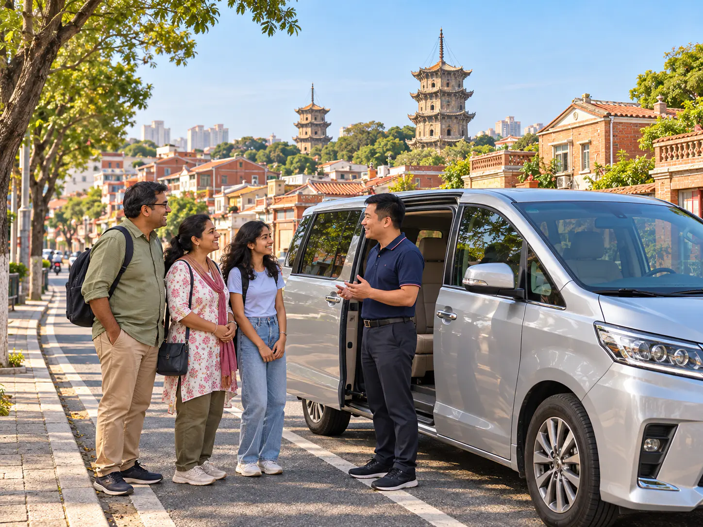 Chinese driver and a family beside a silver MPV with Quanzhou redbrick buildings and Kaiyuan pagodas in the background