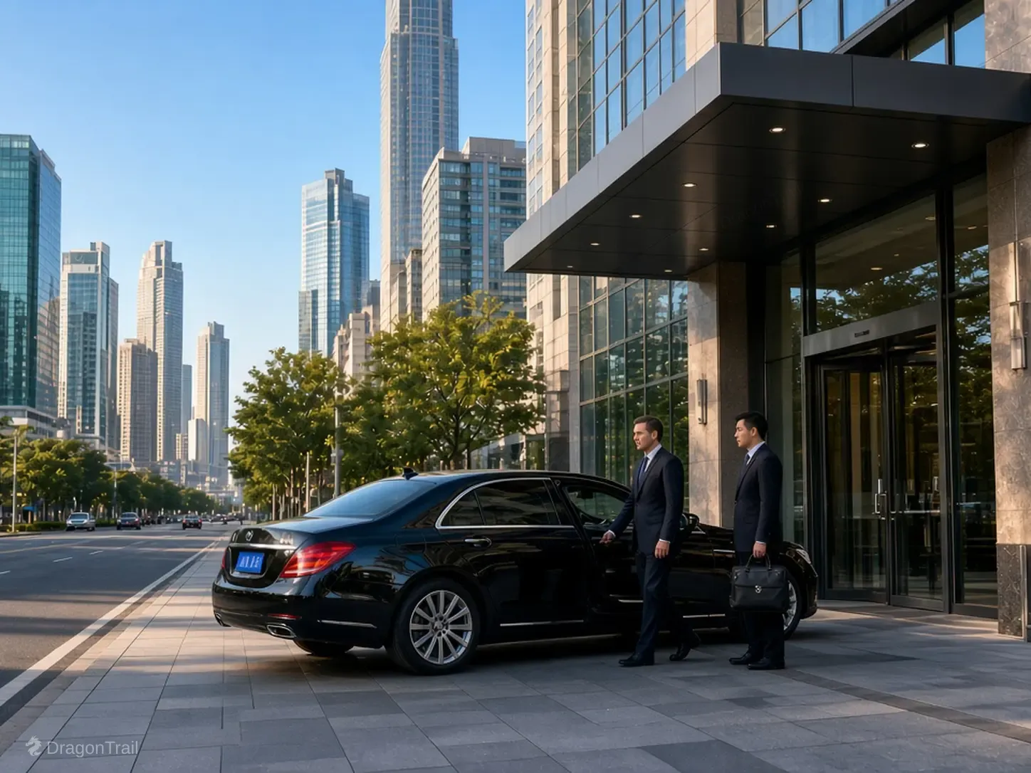 Two business travelers stand beside a black executive sedan at a hotel entrance canopy, with the high-rise corridor of Qingnian Street, Shenyang, behind