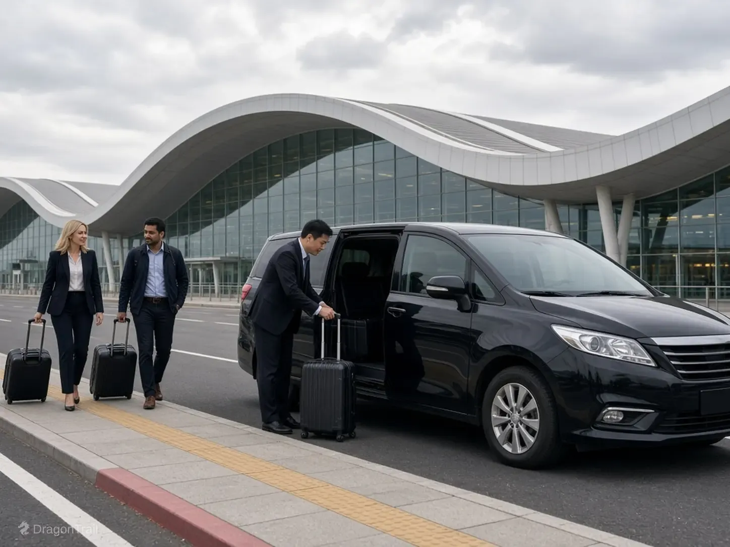 A Chinese driver in a dark suit loads a suitcase into a black MPV at the curb while two travelers walk up with luggage in front of the wave-roofed Terminal 3 at Shenyang Taoxian Airport