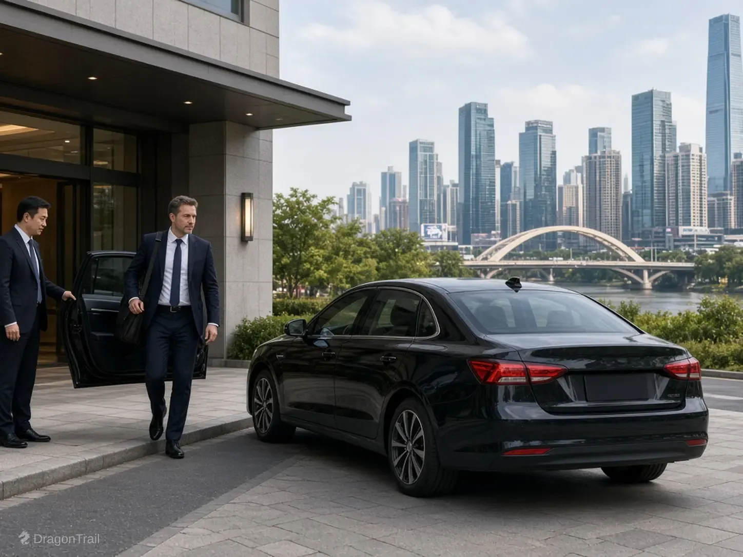 A Chinese driver holds the rear door of a black executive sedan as a business traveler with a laptop bag leaves a building canopy with the Changfeng Fen River glass-tower skyline behind