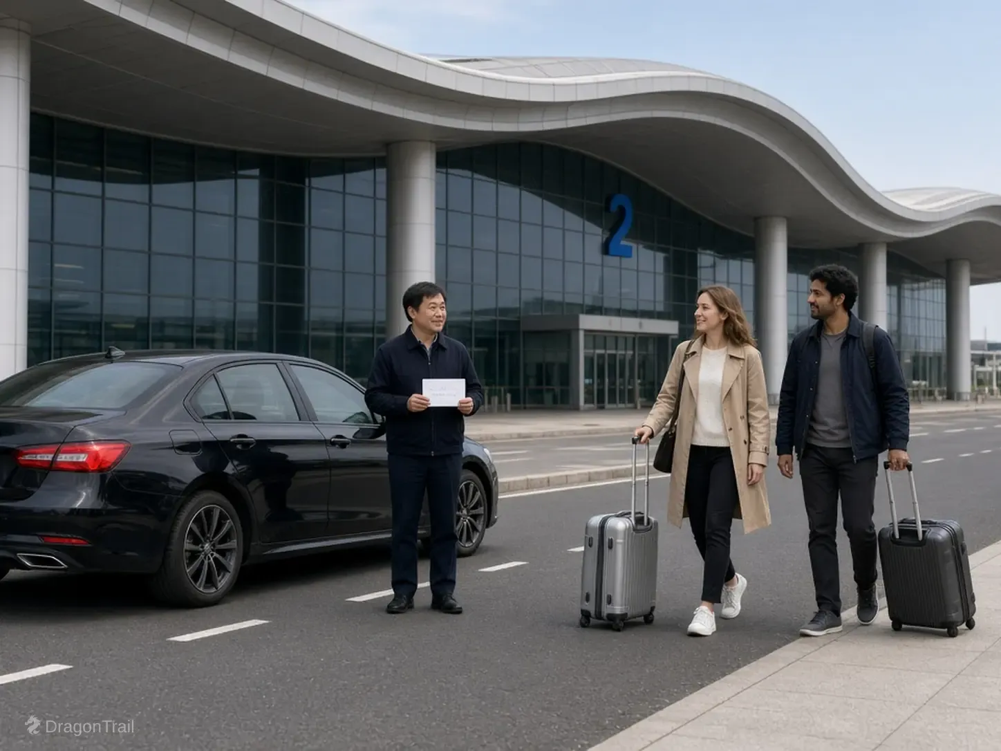 A Chinese driver with a name card stands by a black sedan while two international travelers with roller cases approach the landside curb under the undulating Terminal 2 canopy at Taiyuan Wusu International Airport
