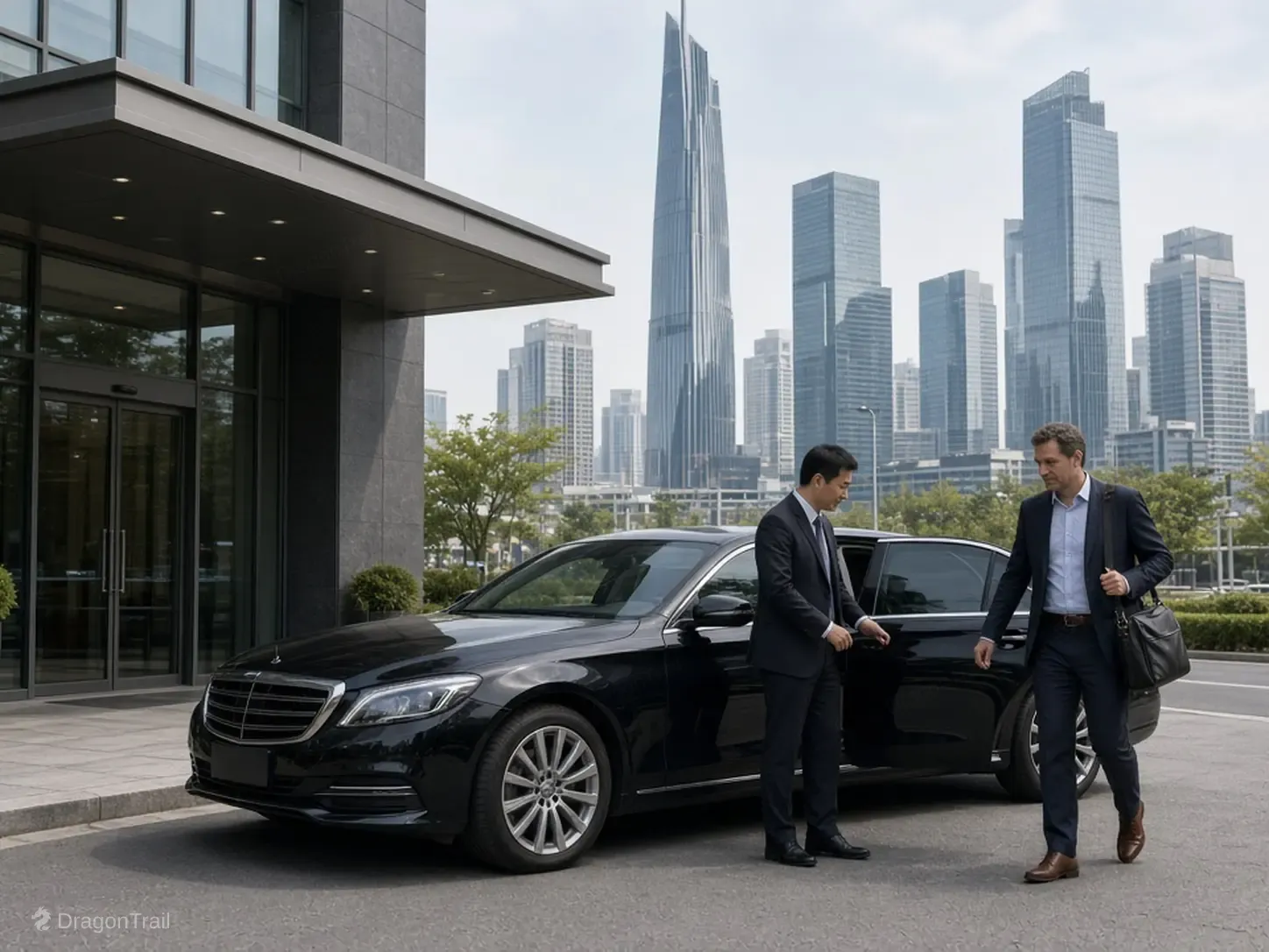 A Chinese driver holds the rear door of a black executive sedan as a business traveler with a laptop bag leaves a building canopy with the Wenzhou World Trade Center skyline behind