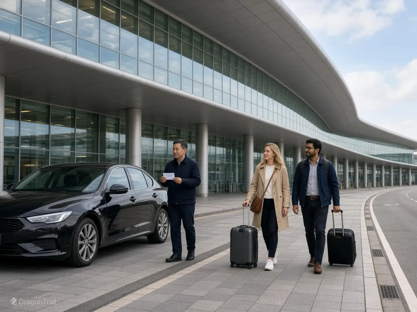 A Chinese driver with a name card stands by a black sedan while two international travelers with roller cases approach the landside curb under the canopy at Wenzhou Longwan International Airport Terminal 2