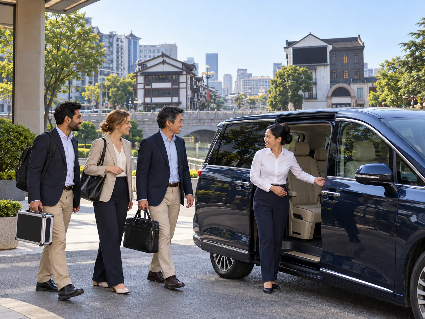 Chinese woman driver welcoming three business travelers beside a dark MPV at a Wuxi pickup forecourt