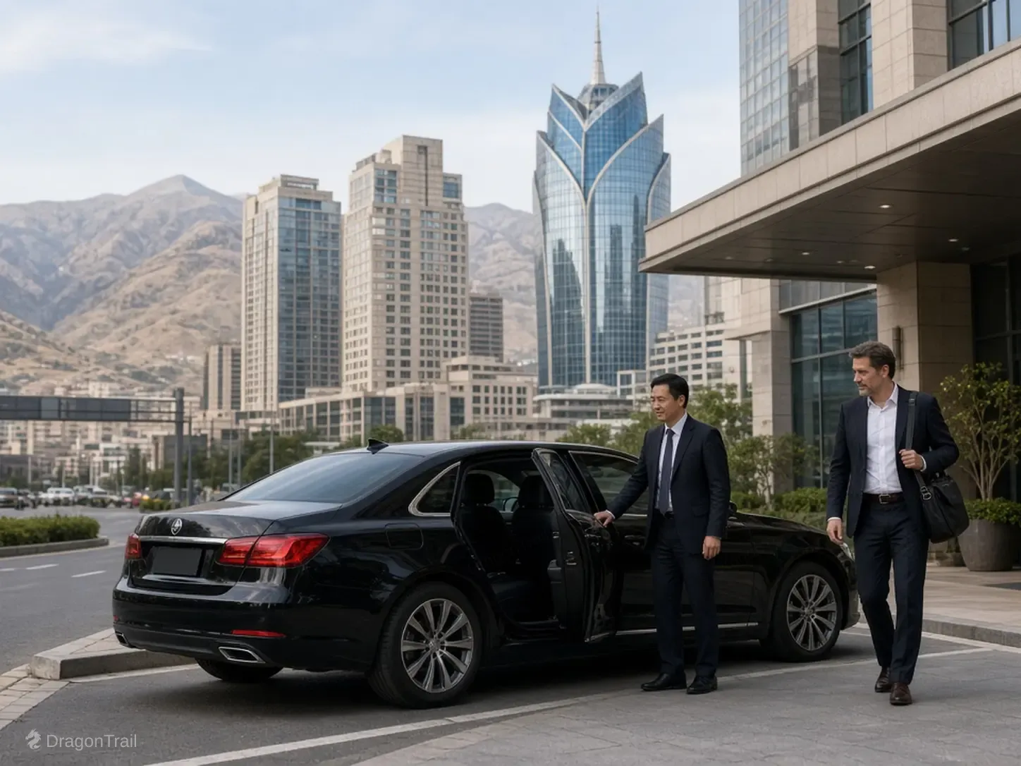 A Chinese driver holds the rear door of a black executive sedan as a business traveler with a laptop bag leaves a building canopy with the Chengzhong CBD lotus-crowned skyscraper and valley mountains behind