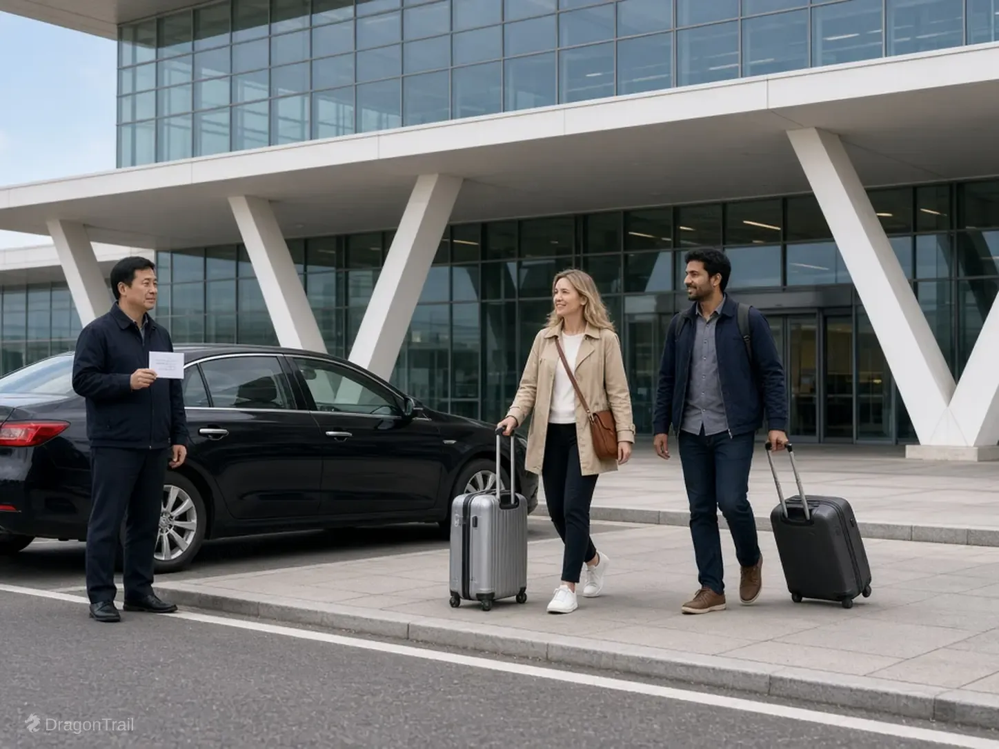 A Chinese driver with a name card stands by a black sedan while two international travelers with roller cases approach a landside curb under the white V-column canopy of Xining Caojiabao International Airport