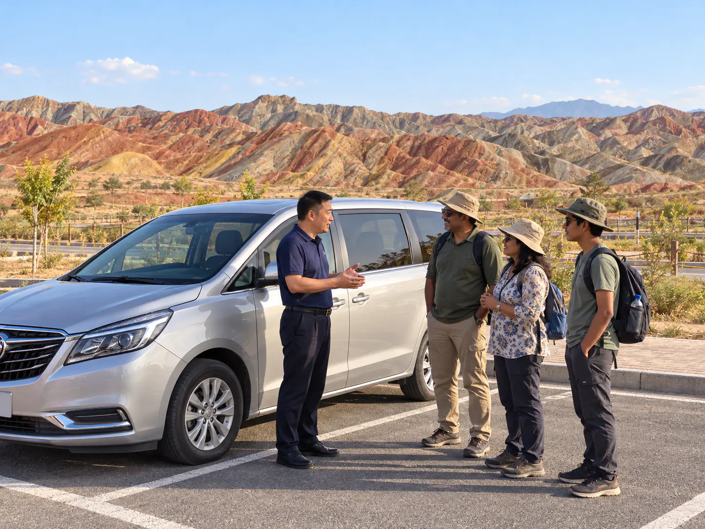 Chinese driver speaking with three travelers beside a silver MPV against Zhangye's colored sandstone hills