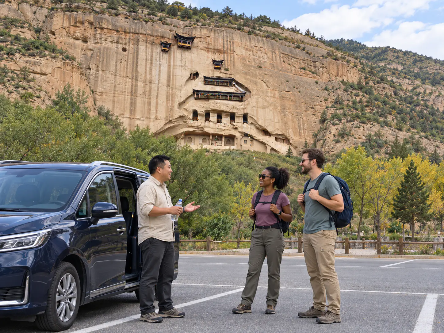 Chinese driver beside a navy MPV talking with two travelers, with Mati Temple's cliff grottoes behind them