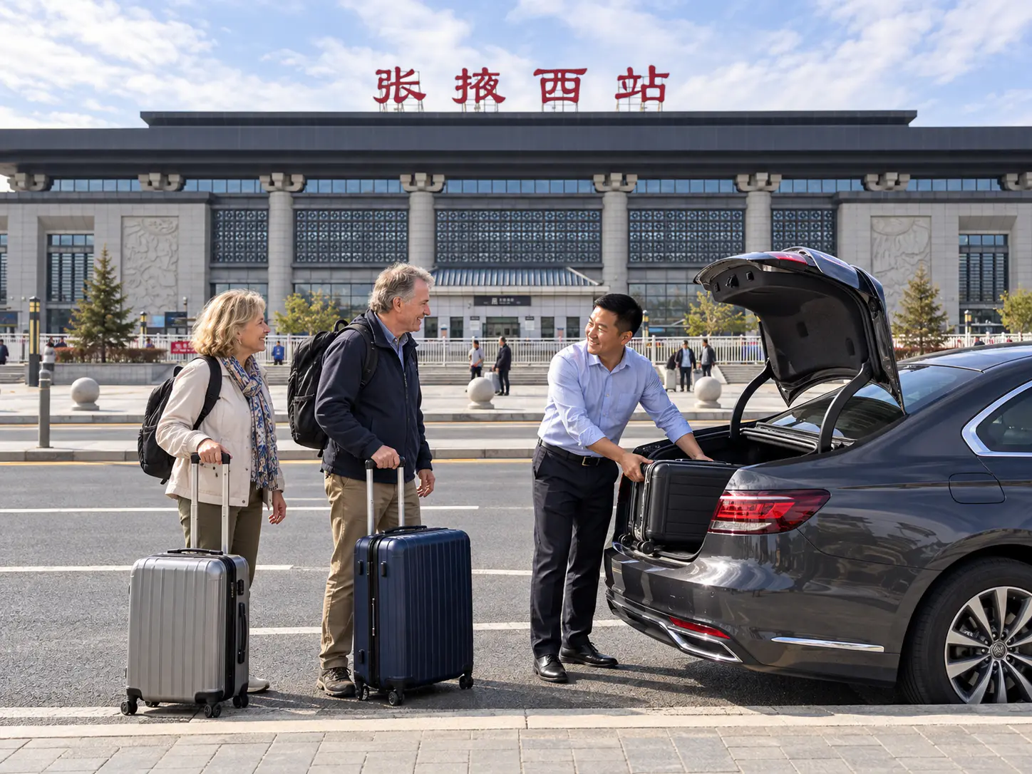Chinese driver loading luggage into a charcoal sedan while two travelers wait outside Zhangye West station