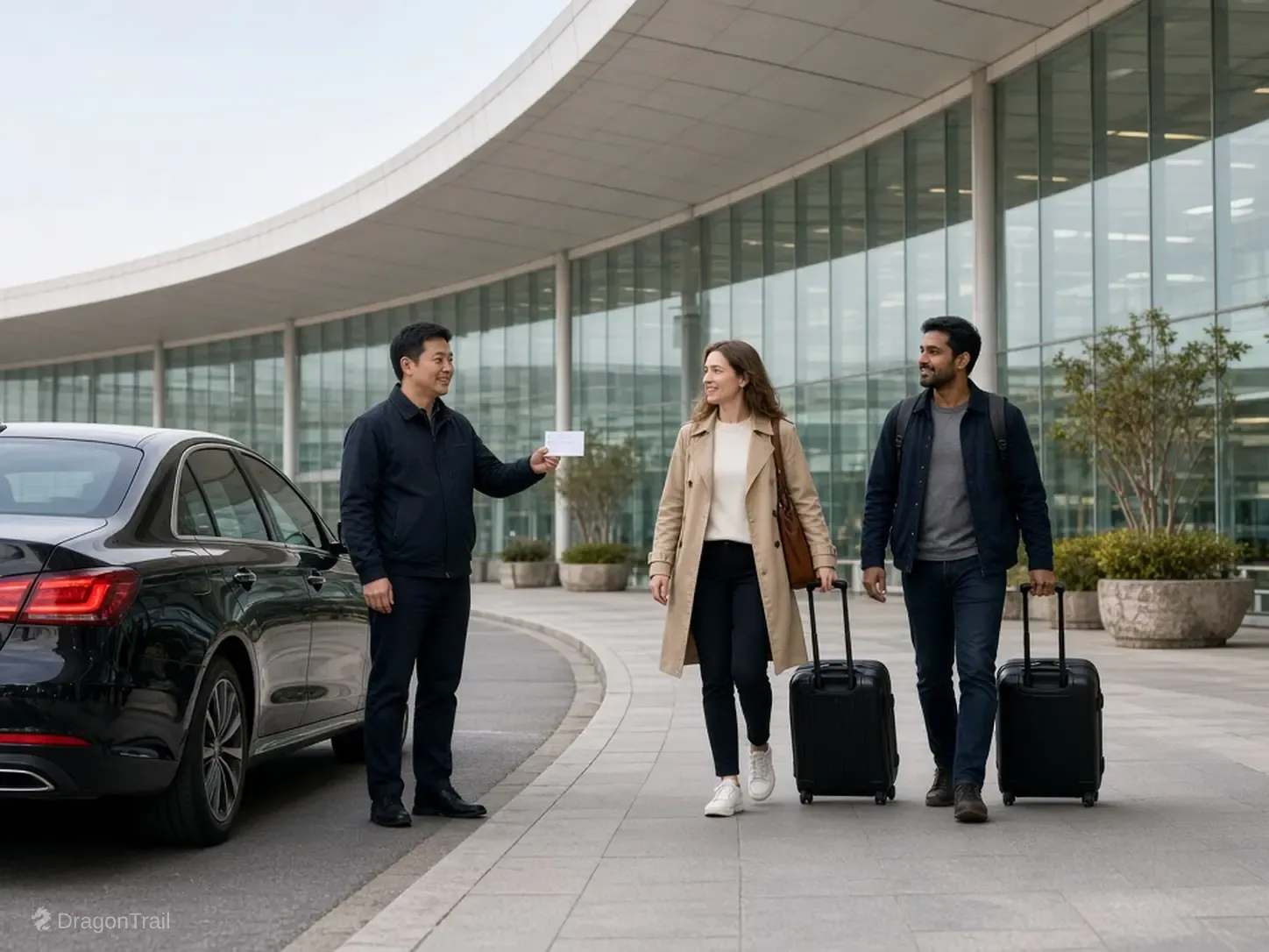 A Chinese driver with a name card stands by a black sedan while two international travelers with roller cases approach the landside curb under the sweeping white canopy at Zhengzhou Xinzheng International Airport Terminal 2