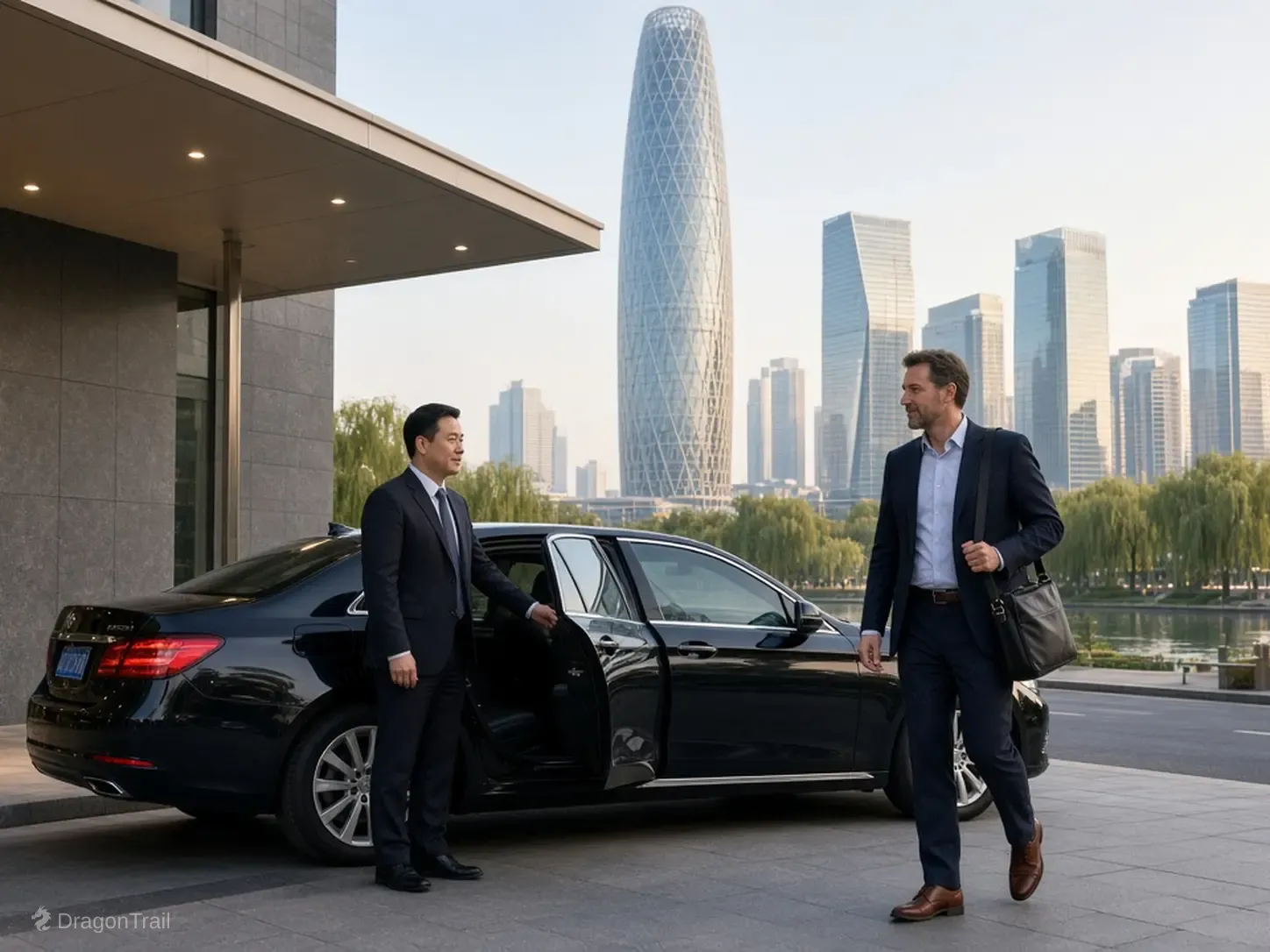 A Chinese driver holds the rear door of a black executive sedan as a business traveler with a laptop bag leaves a building canopy with the Zhengdong New Area CBD Greenland Plaza skyline behind