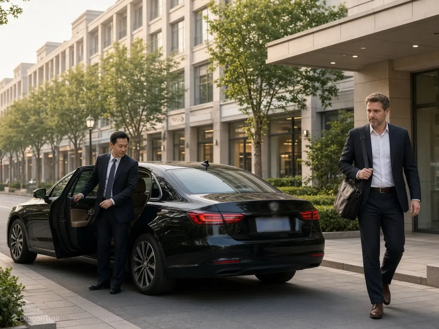 A Chinese driver holds the rear door of a black executive sedan as a business traveler with a laptop bag leaves a building canopy on a Guzhen lighting showroom street
