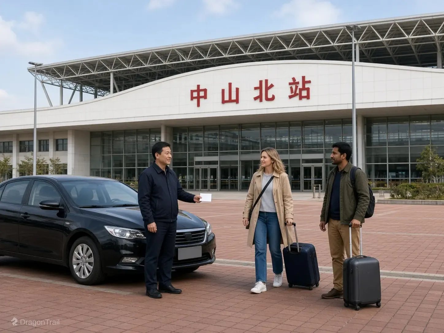 A Chinese driver with a name card stands by a black sedan while two international travelers with roller cases approach across the plaza in front of Zhongshan North Railway Station
