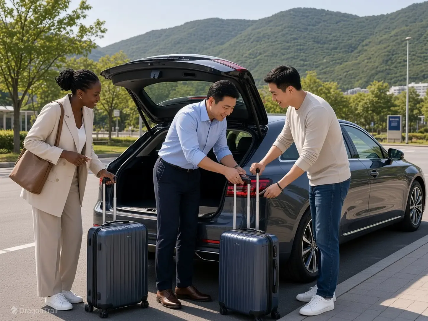 A driver in a light blue shirt loads luggage with two travelers beside a dark car, with green Jinwan hills behind the curb