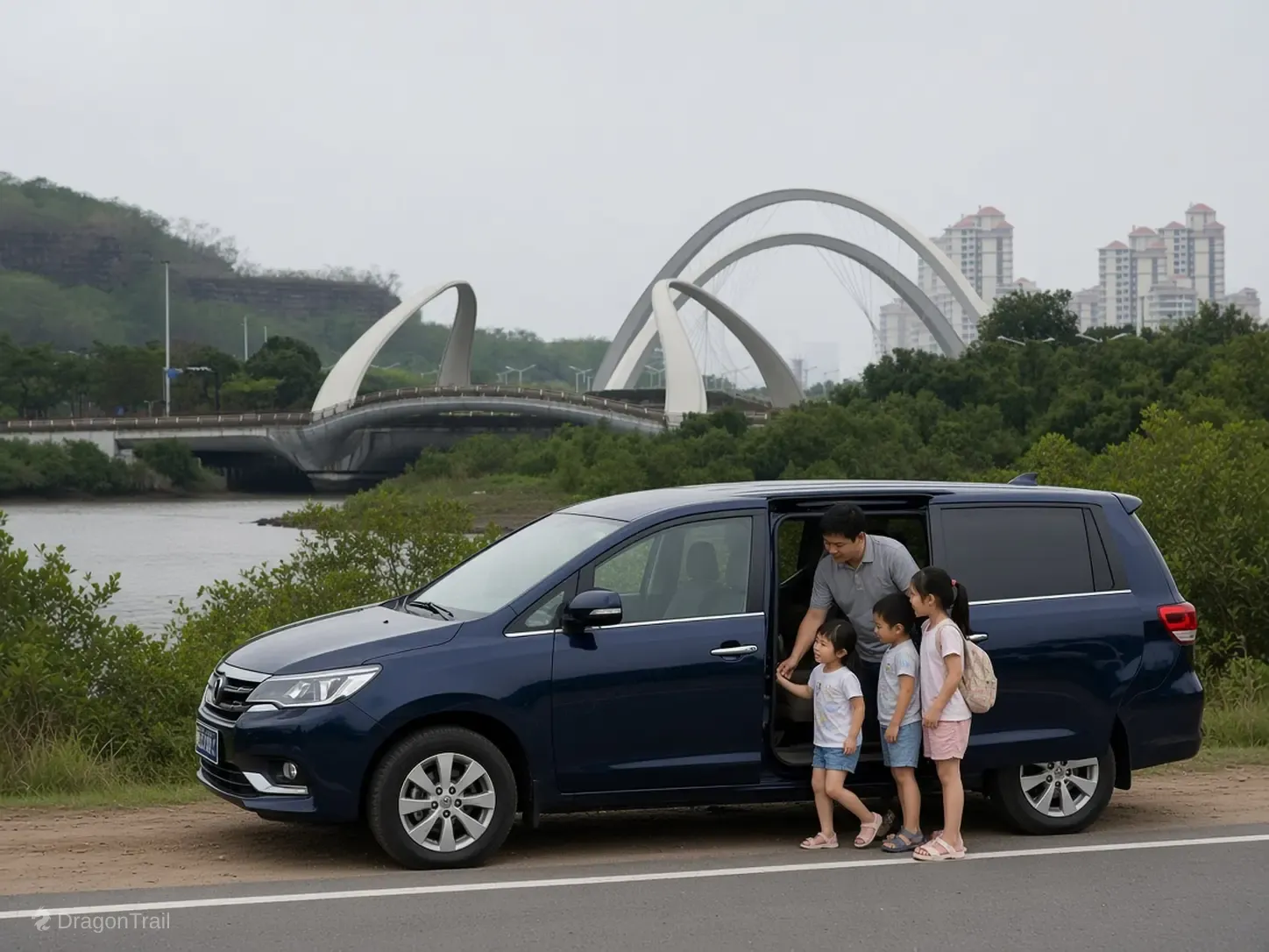 A driver helps three children out of a navy MPV on a roadside shoulder, with white bridge arches, mangroves and towers behind them