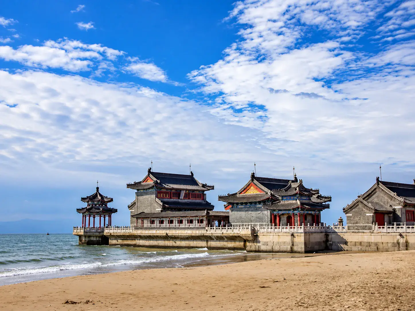 Old Dragon's Head pier pavilions at Shanhaiguan on the Bohai Sea.