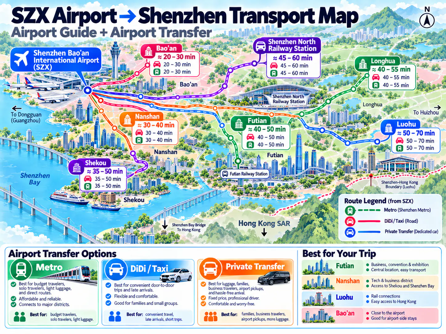 Map of transport links between Shenzhen Bao'an International Airport and central Shenzhen districts