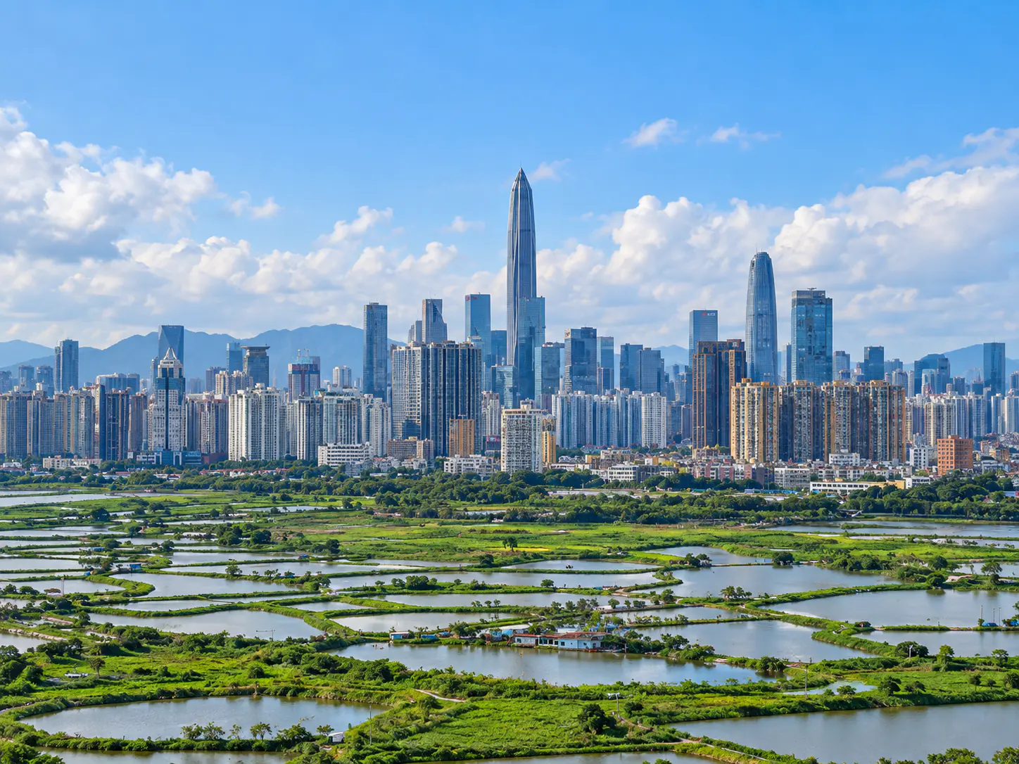 Skyline von Shenzhen, betrachtet über die Feuchtgebiete von Hongkong aus