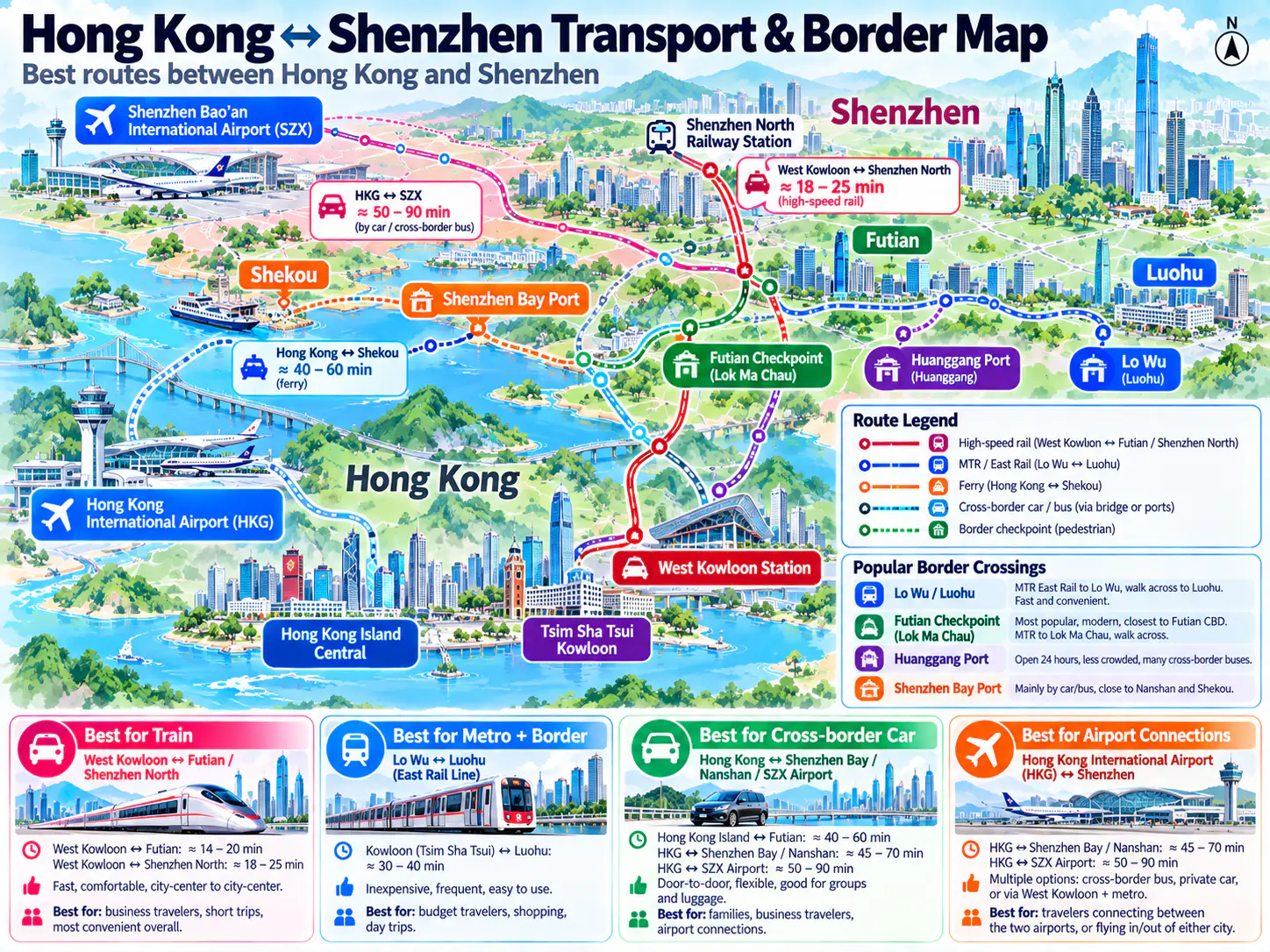 Map of transport links and border crossings between Shenzhen and Hong Kong, including Luohu, Futian and West Kowloon