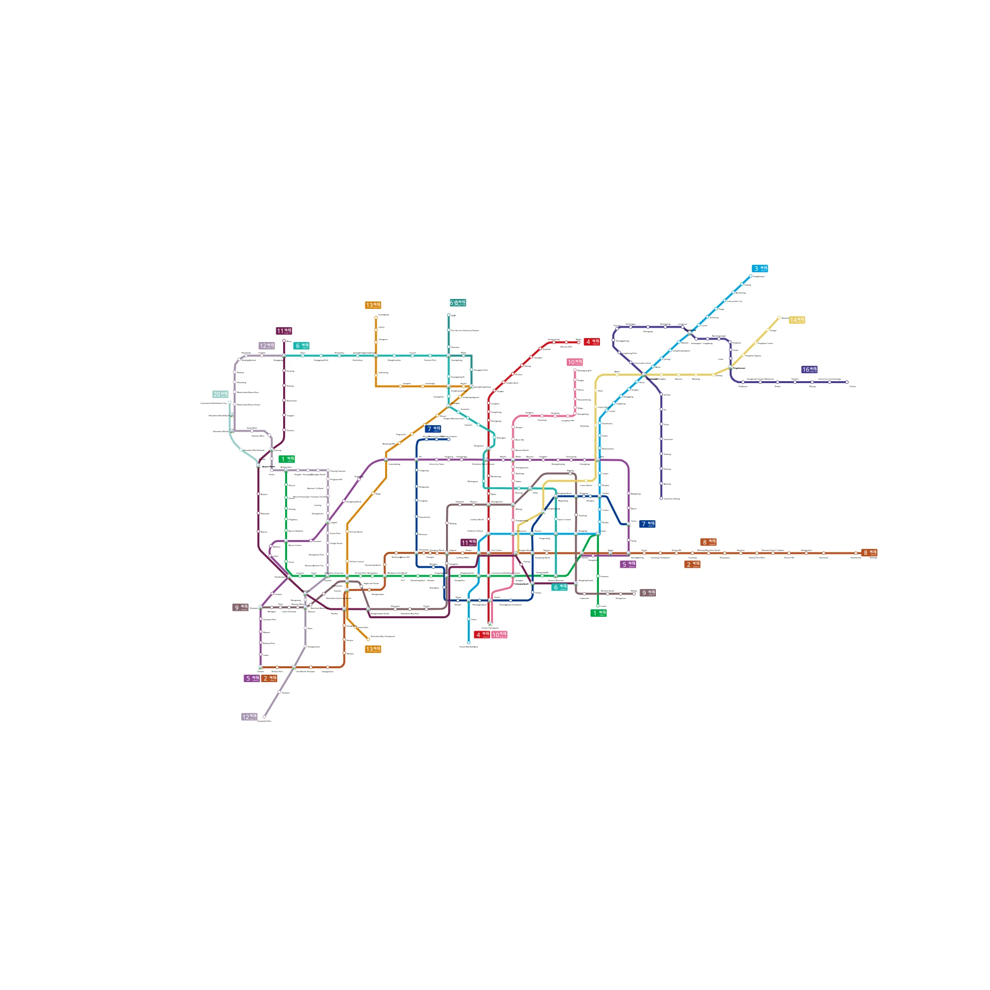 Shenzhen Metro system map showing lines serving Huaqiangbei, Futian, Luohu and Bao'an Airport