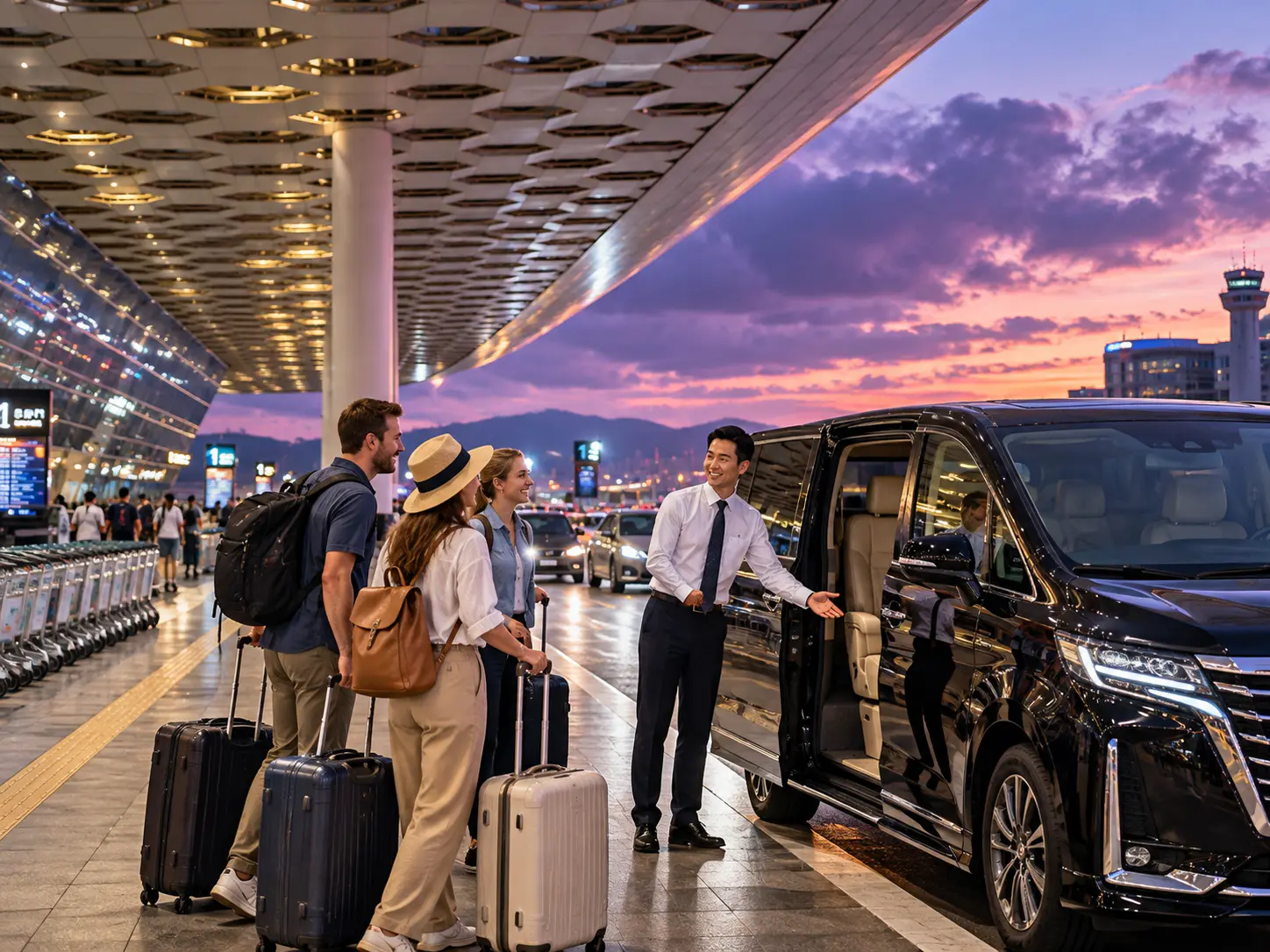 Privater Chauffeur, der internationale Reisende mit Gepäck neben einem schwarzen 7-Sitzer-Minivan an einem Flughafenterminal bei Sonnenuntergang begrüßt.