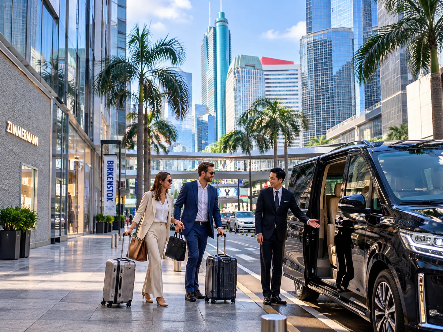 Professioneller Chauffeur begrüßt internationale Geschäftsreisende neben einem schwarzen Executive-Minivan im modernen Geschäftsviertel von Shenzhen