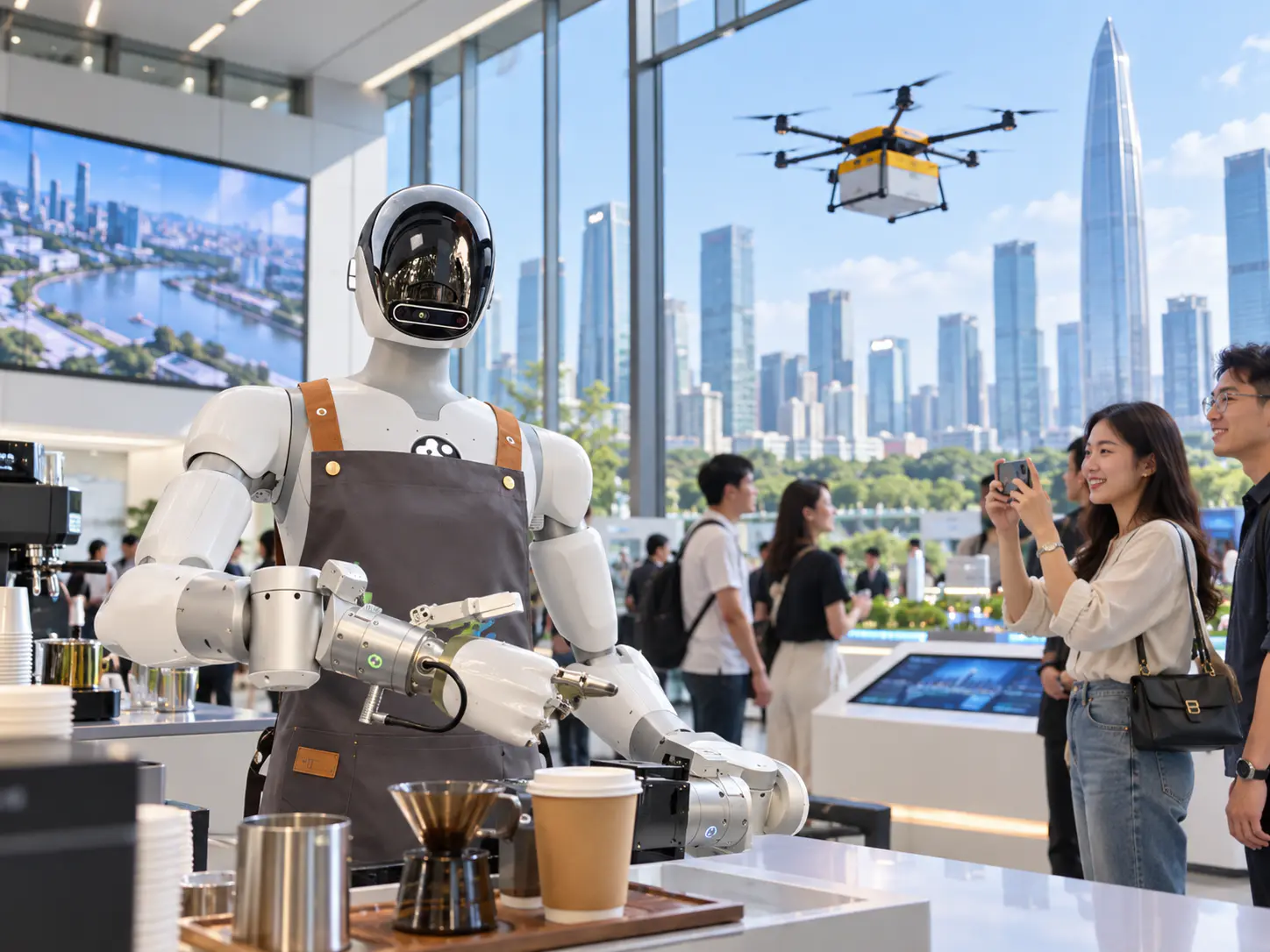 A humanoid service robot inside a Shenzhen robot cafe, preparing and serving drinks to customers
