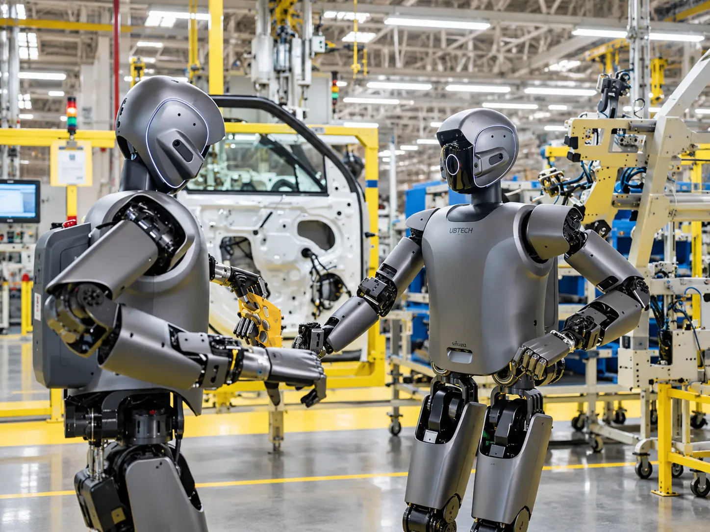 Industrieroboter, die auf einer Automobil-Montagelinie in Shenzhen koordiniert werden