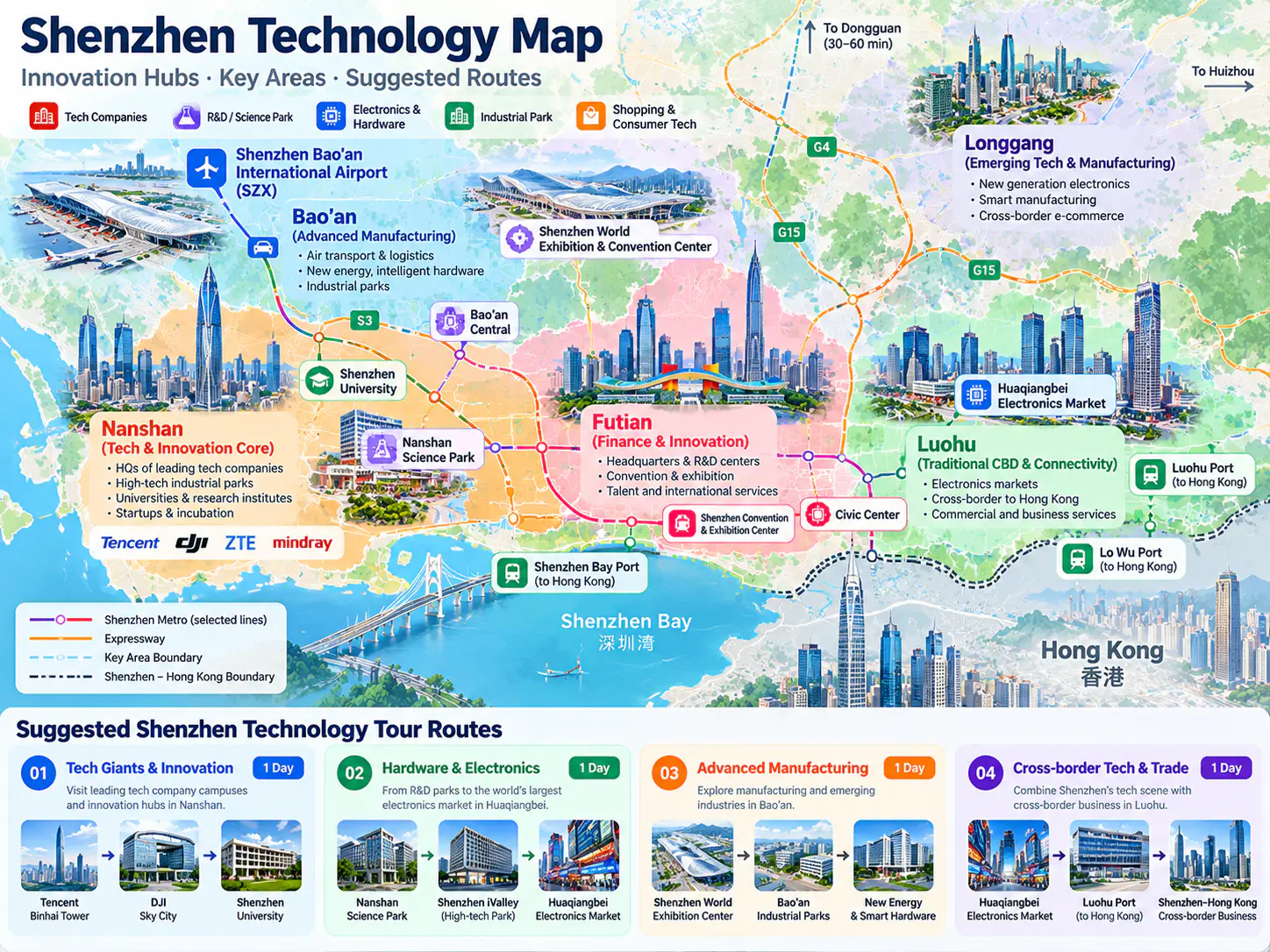 Map of Shenzhen technology-district tour routes covering Huaqiangbei, Nanshan and the Shenzhen Bay innovation corridor
