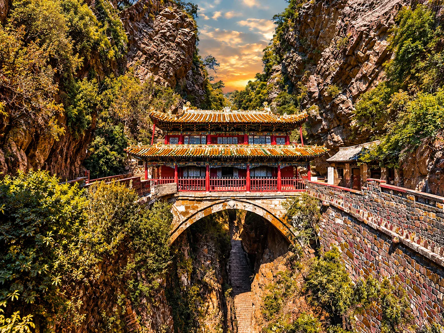 Bridge-temple spanning the chasm at Cangyan Mountain.