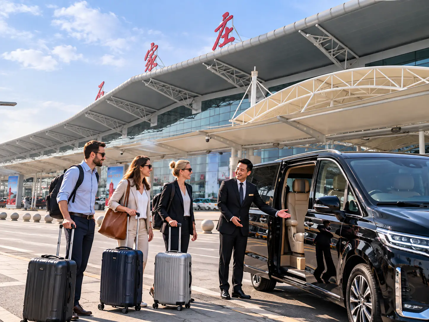 Privater Chauffeur, der internationale Reisende mit Koffern neben einem schwarzen 7-Sitzer-Minivan vor dem Flughafen Shijiazhuang Zhengding International begrüßt