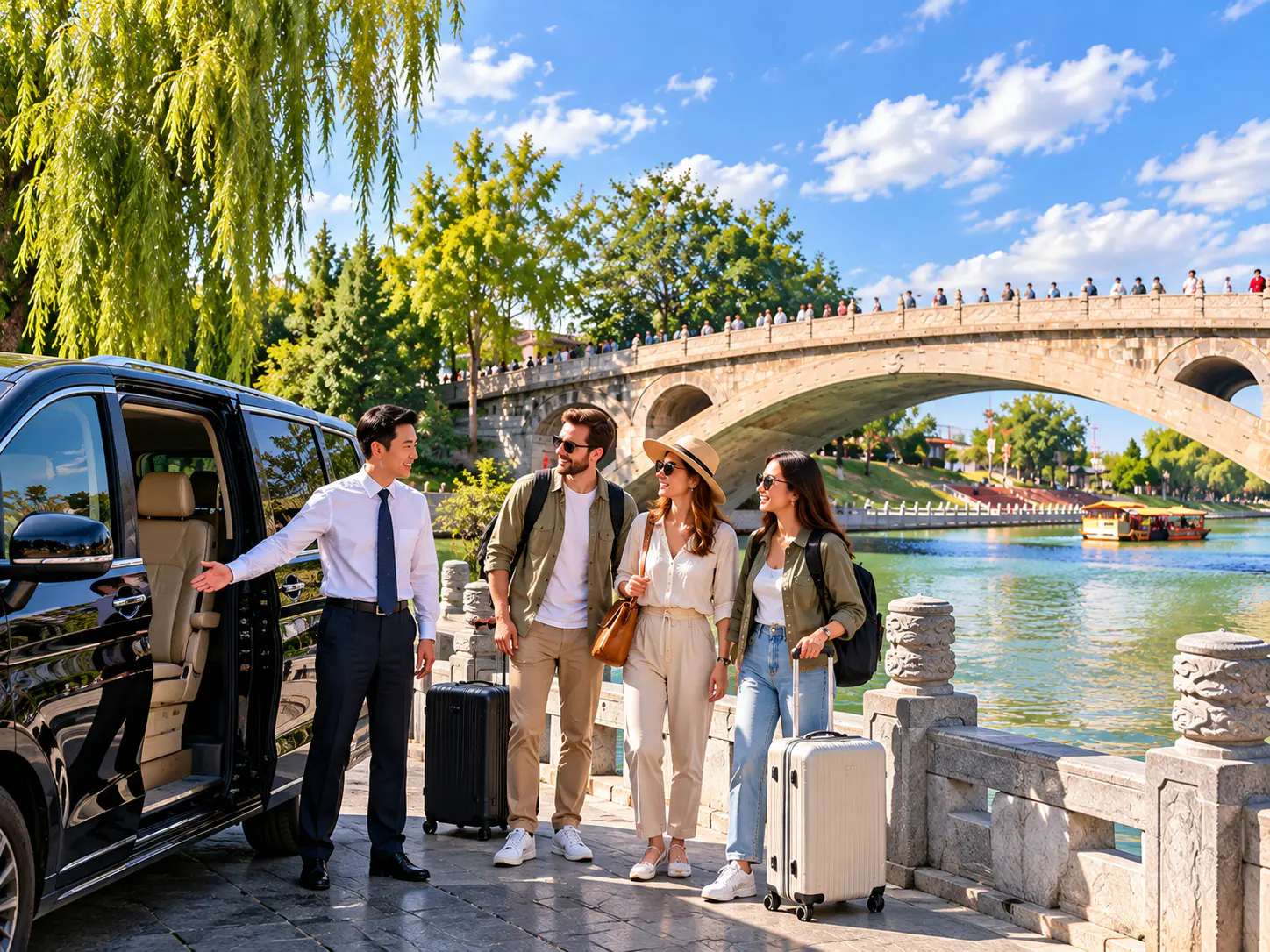Privatfahrer begrüßt internationale Touristen neben einem schwarzen Minivan mit der historischen Zhaozhou-Brücke und Flusslandschaft im Hintergrund
