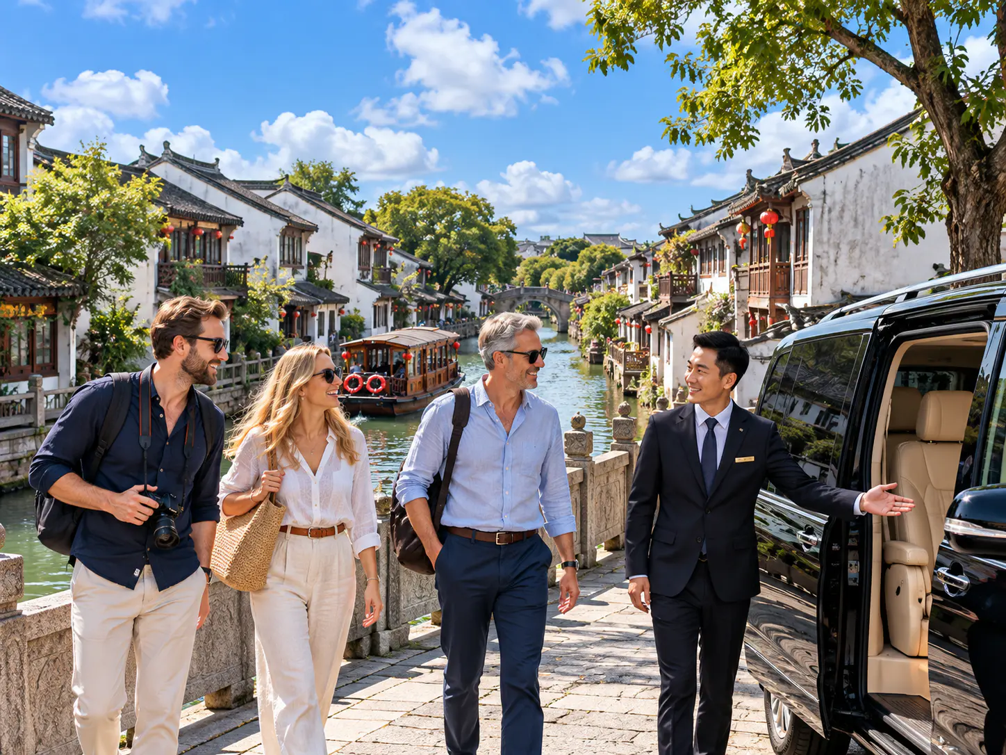 Three international visitors meet their chauffeur beside a luxury van along a traditional canal street in Suzhou.