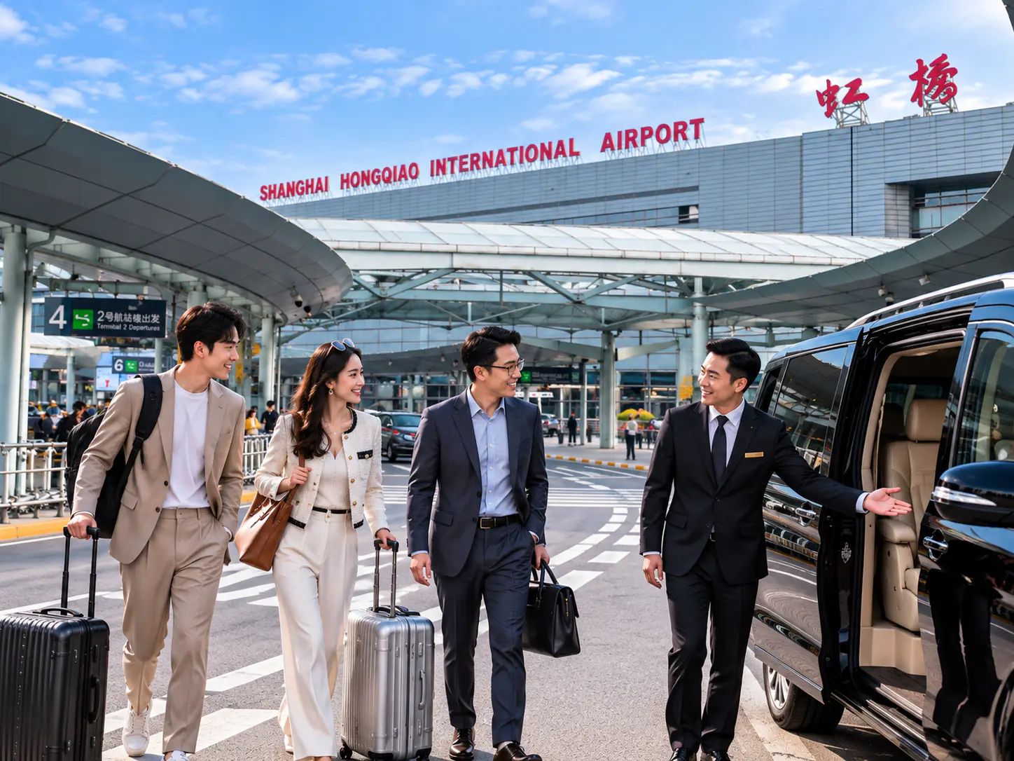 Three international travelers with luggage meet their private chauffeur beside a black luxury van at Shanghai Hongqiao Airport.