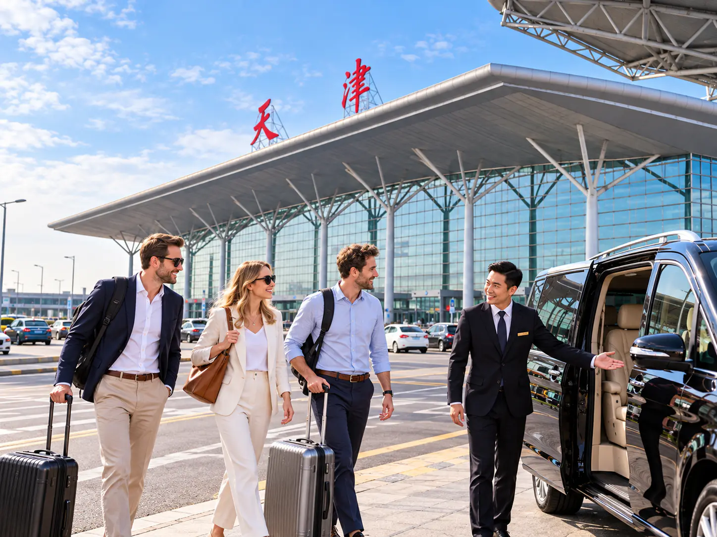 Travelers meet a private chauffeur beside a van outside a modern airport terminal.