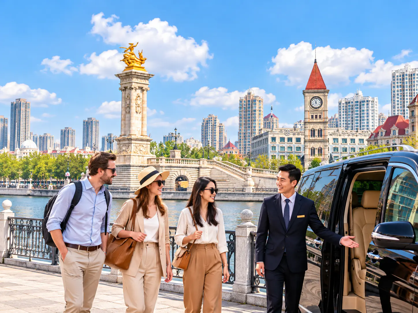 Drei internationale Touristen treffen in Tianjin einen Chauffeur neben einem privaten Van in der Nähe der historischen Flussuferarchitektur.
