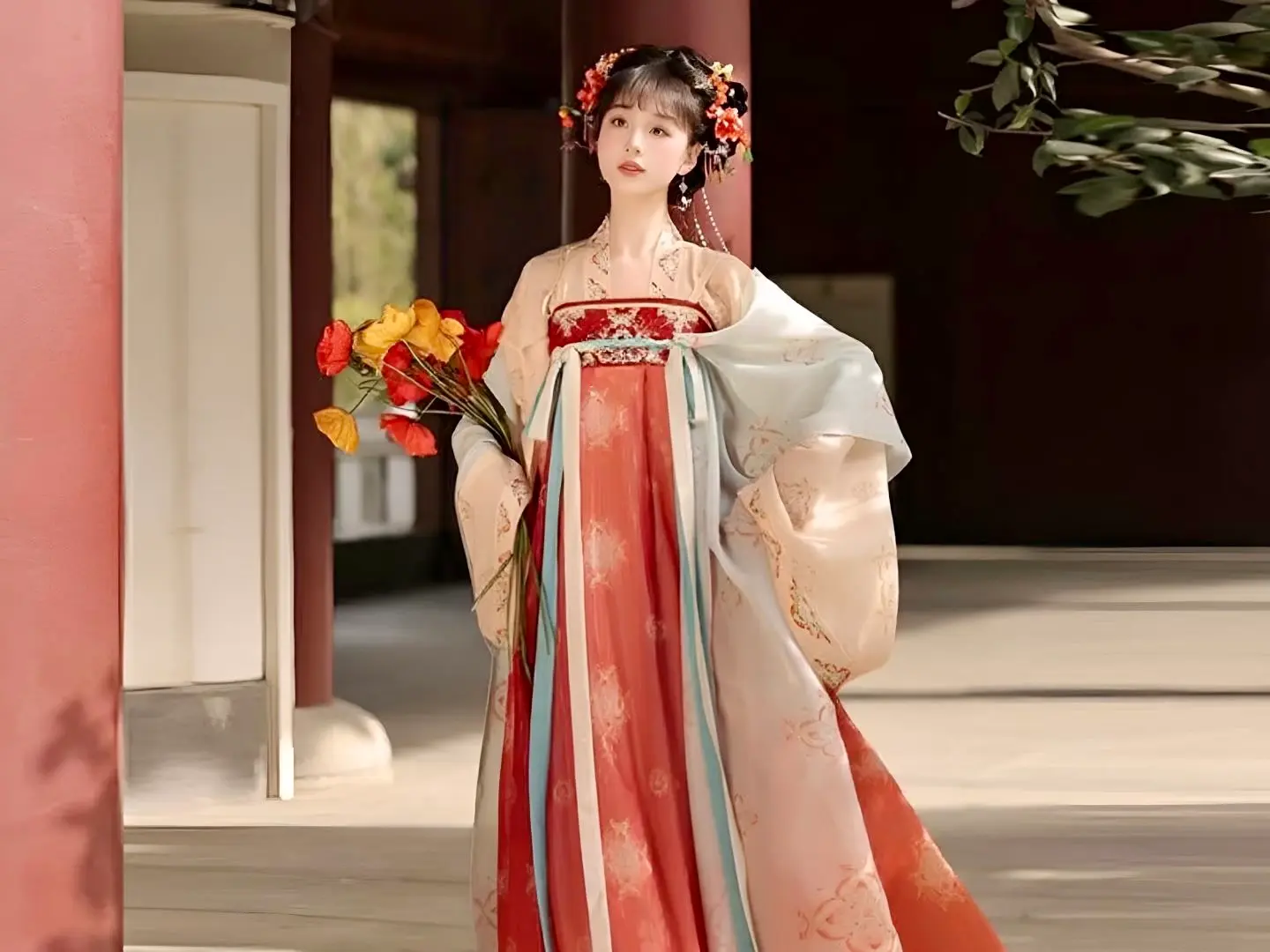 Mujer con un conjunto de Hanfu estilo qixiong ruqun en rojo y blanco