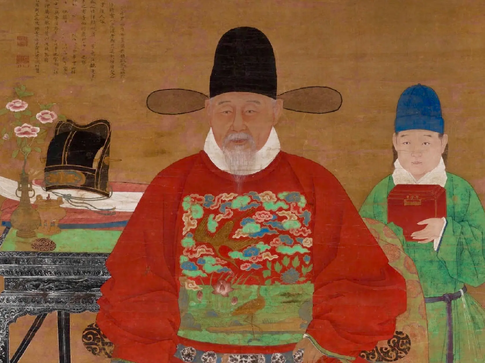 Oficial Ming con una túnica de corte roja y un joven asistente